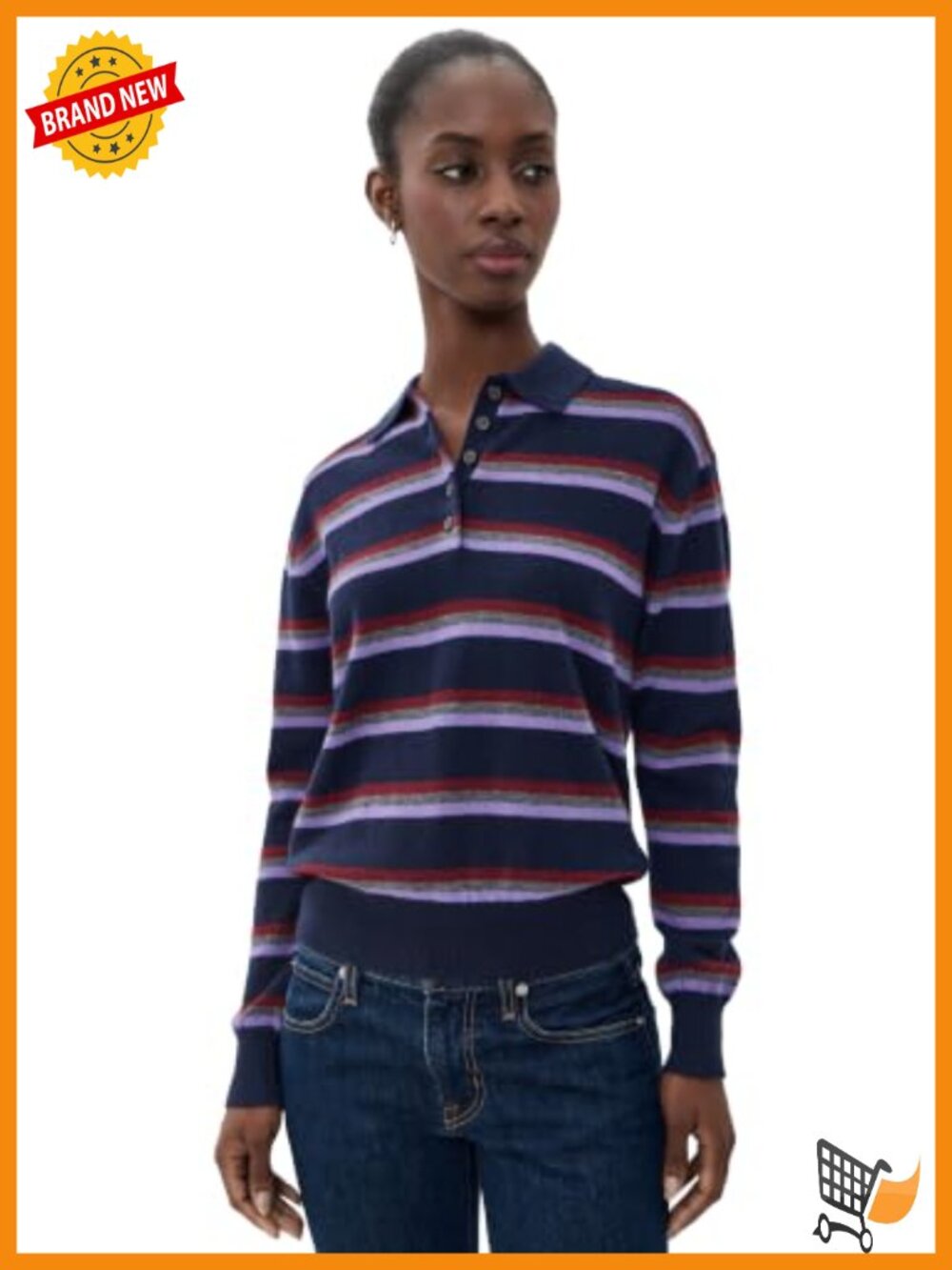 Wool Polo Sweater Long Sleeve Stripe Knit Pullover Top
